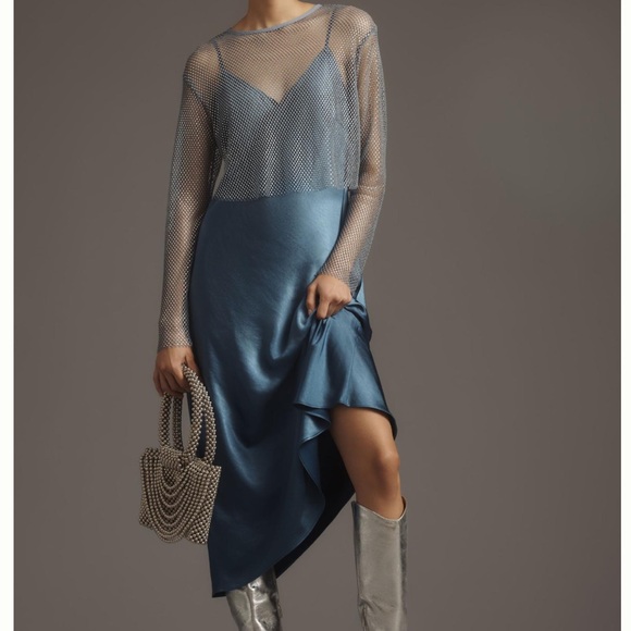 NWT Anthropologie DOLAN Mesh Slip Twofer Midi Dress in Ice Blue - Picture 1 of 15